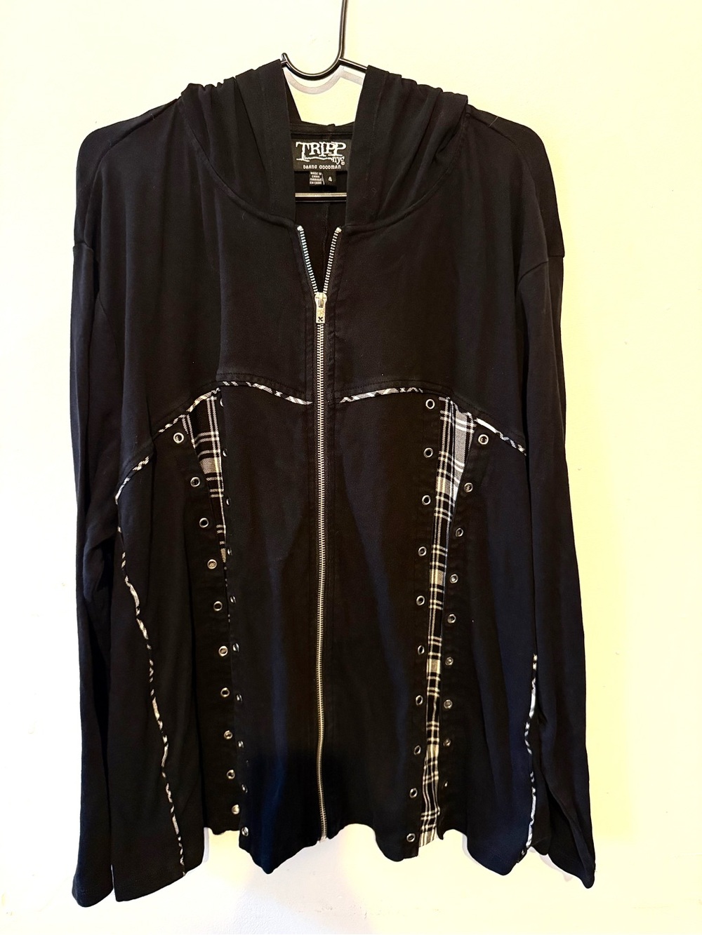 Tripp NYC Black Zip Hoodie with Plaid & Grommet Detail